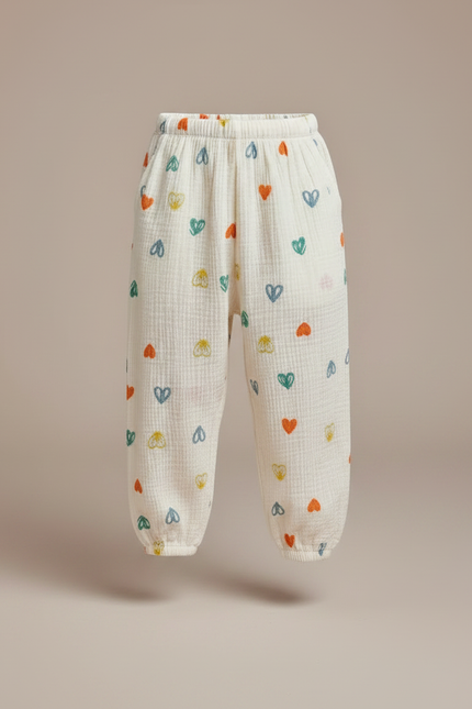 Pantalon Fluide Écru Cœurs Colorés Ample Coton Enfant - Blanc - vue 3