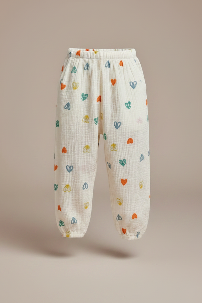 Pantalon Fluide Écru Cœurs Colorés Ample Coton Enfant - Blanc - vue 3