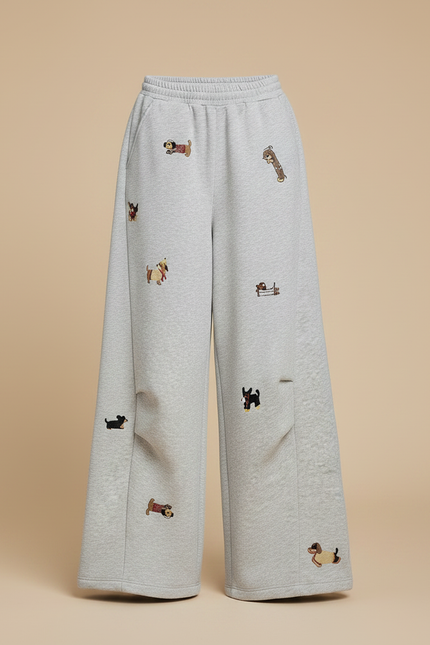 Pantalon Fluide Gris Brodé Chien Ample Décontracté - Molleton - vue 3