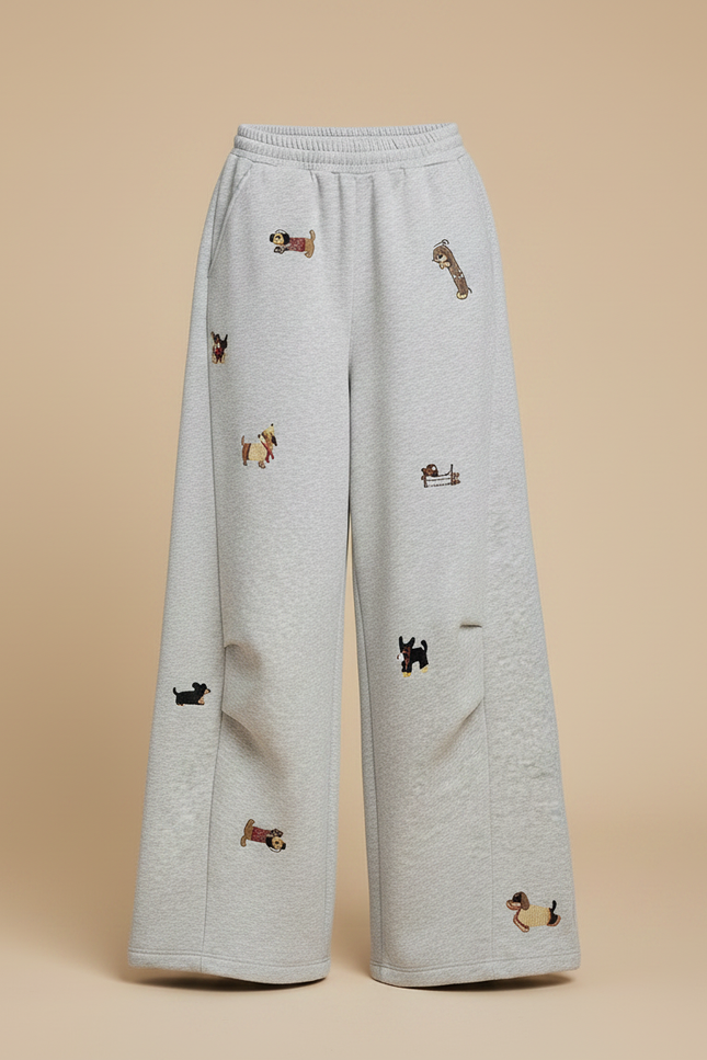 Pantalon Fluide Gris Brodé Chien Ample Décontracté - Molleton - vue 3