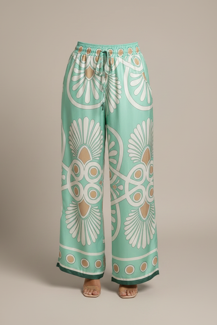 Pantalon Fluide Vert Menthe Satin Motif Géométrique Femme - vue 3