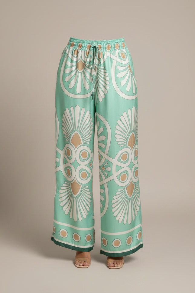Pantalon Fluide Vert Menthe Satin Motif Géométrique Femme - vue 3