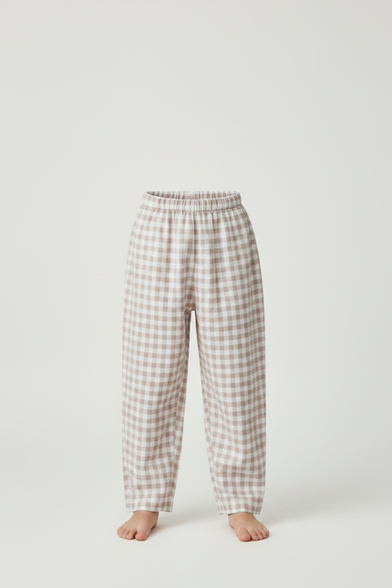 Pantalon Fluide Carreaux Marron Blanc Ample Coton Enfant - vue 3