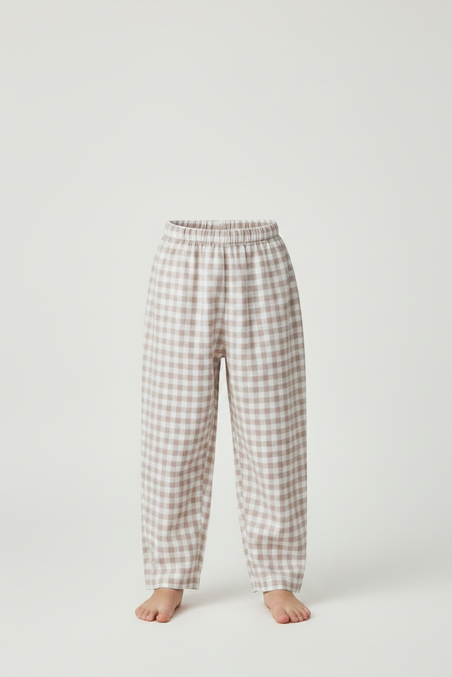 Pantalon Fluide Carreaux Marron Blanc Ample Coton Enfant - vue 3