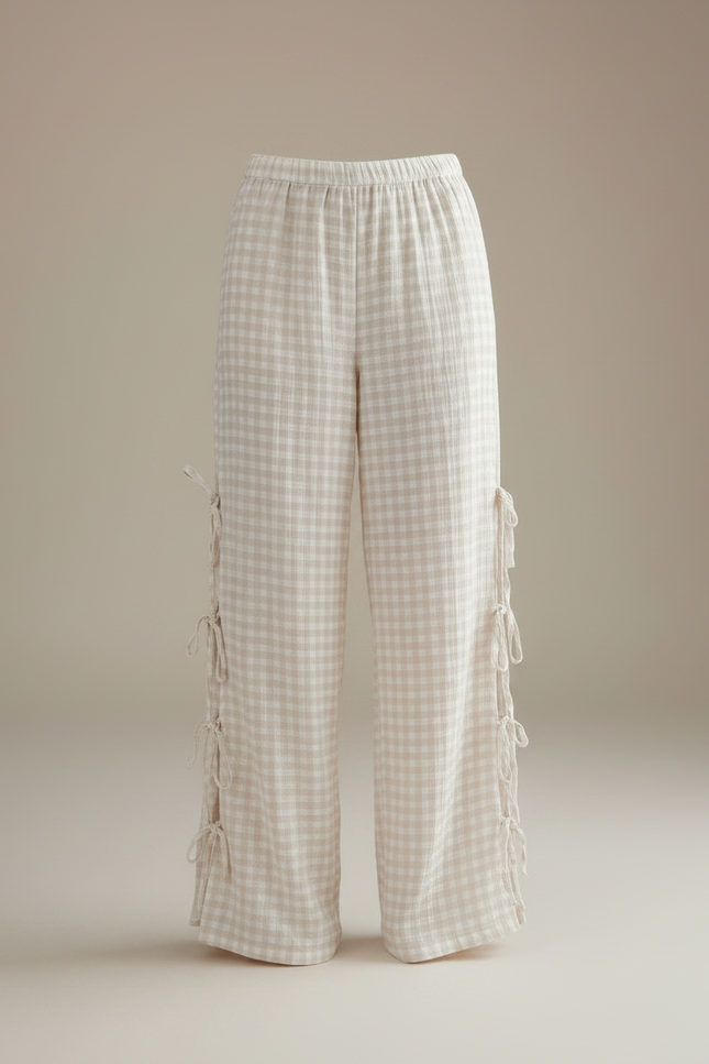 Pantalon Fluide Carreaux Vichy Beige Ample Liens Côtés - Lin - vue 3