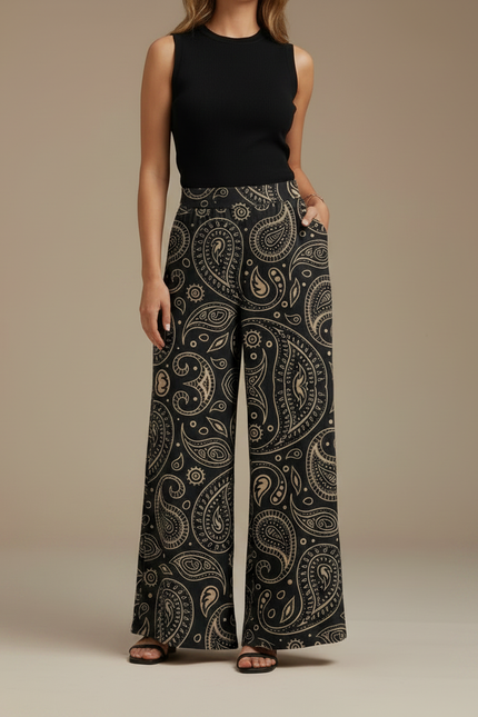 Pantalon Fluide Noir Ample Imprimé Paisley Chic - Viscose - vue 3
