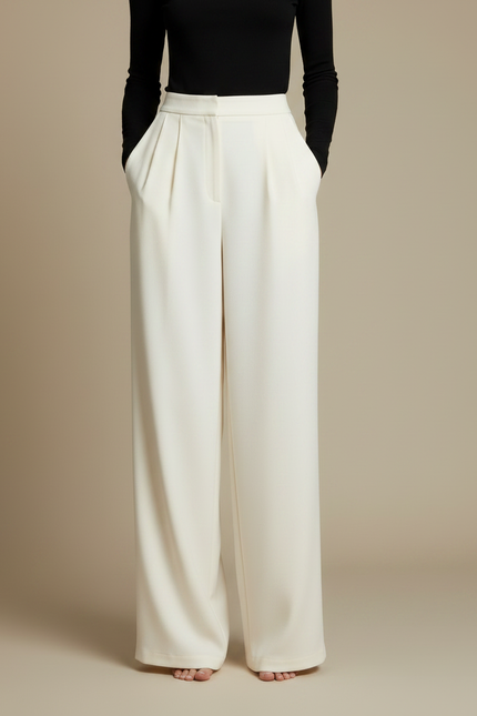 Pantalon Fluide Écru Ample Taille Haute Élégant - Beige Viscose - vue 3
