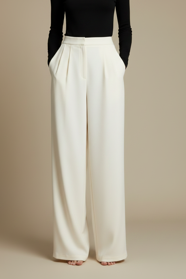 Pantalon Fluide Écru Ample Taille Haute Élégant - Beige Viscose - vue 3