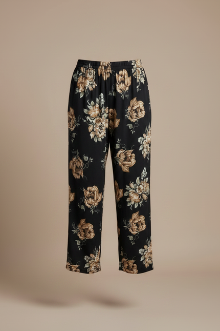 Pantalon Fluide Noir Floral Ample Femme Élégant - Imprimé Viscose - vue 3