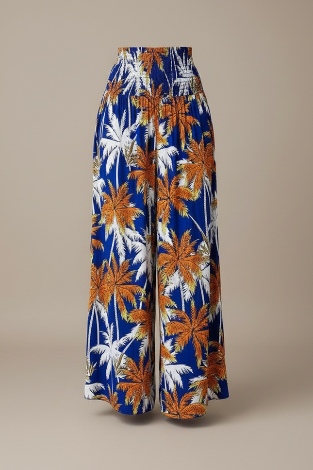 Pantalon Fluide Bleu Imprimé Palmiers Ample Bohème - Viscose - vue 3