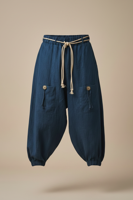 Pantalon Fluide Bleu Ample Coton Lin Homme Décontracté - Marine - vue 3