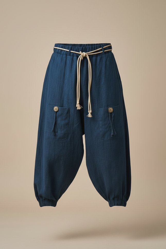 Pantalon Fluide Bleu Ample Coton Lin Homme Décontracté - Marine - vue 3