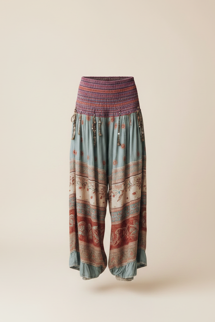 Pantalon Fluide Bohème Imprimé Floral Ample Ethnique - Multicolore Viscose - vue 3