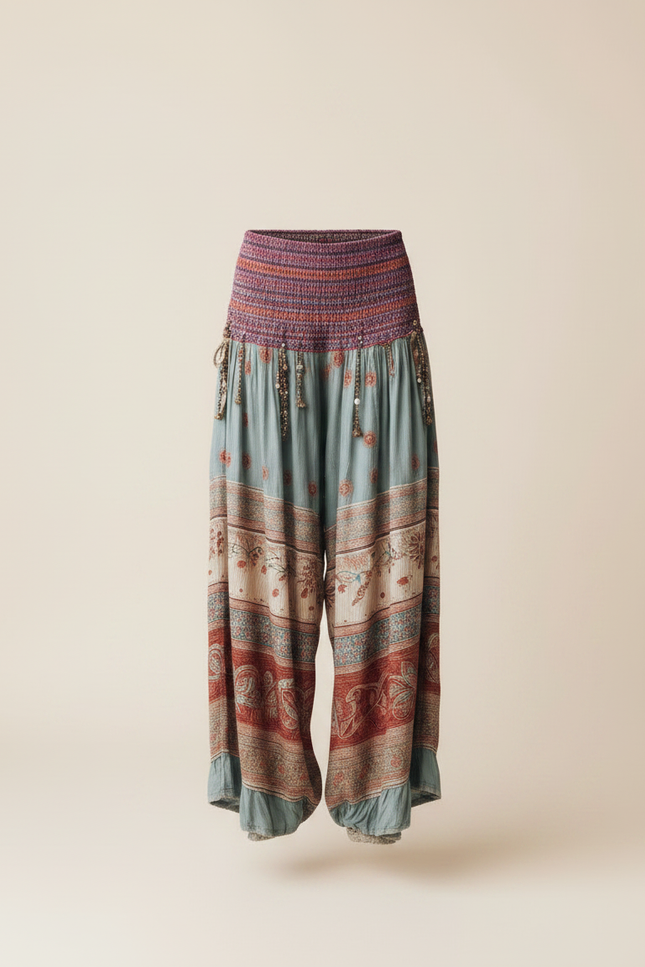 Pantalon Fluide Bohème Imprimé Floral Ample Ethnique - Multicolore Viscose - vue 3