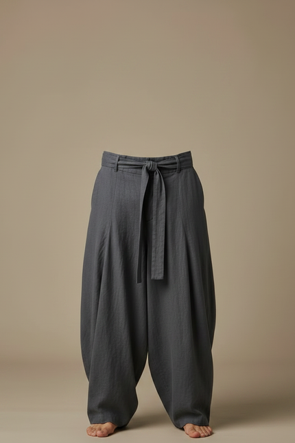 Pantalon Fluide Gris Ample Coton Lin Homme Décontracté - vue 3
