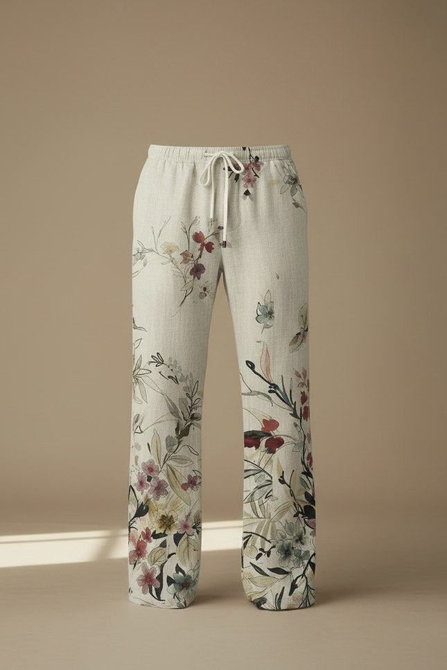 Pantalon Fluide Lin Imprimé Floral Ample Décontracté Homme - vue 3