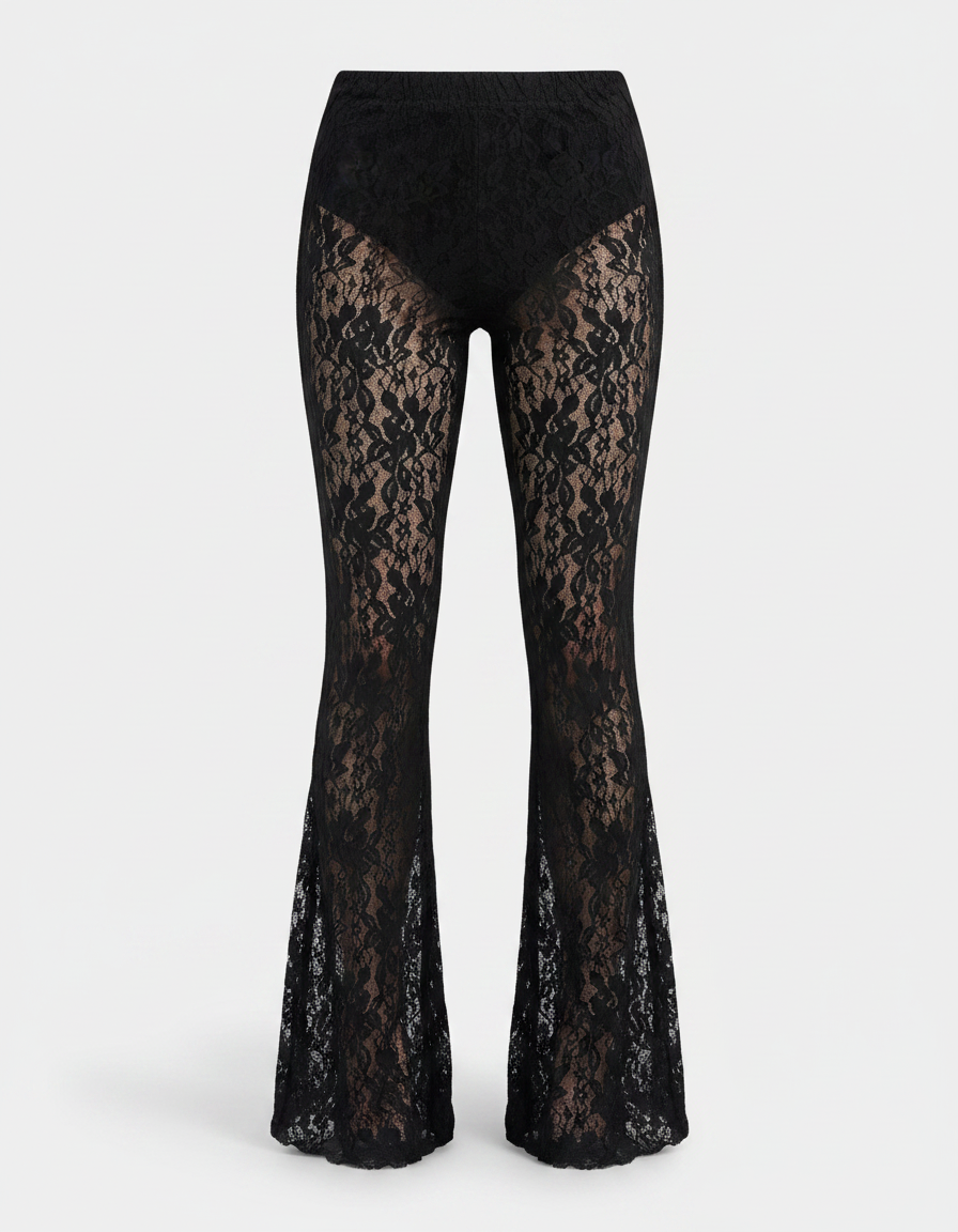 Pantalon Fluide Noir Dentelle Évasé Transparent Floral - Maille - vue 2