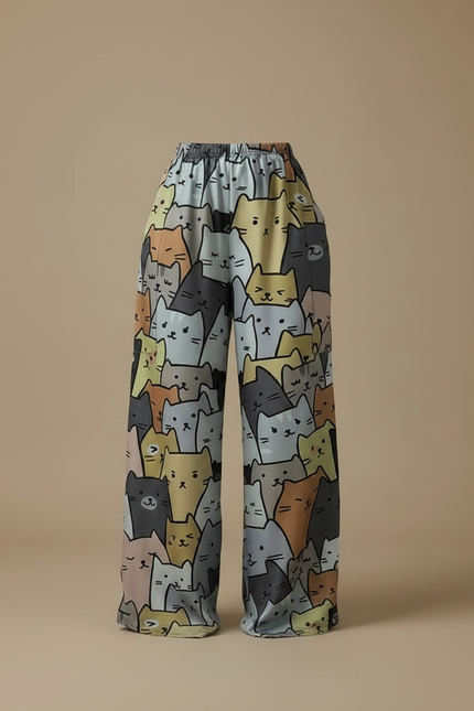 Pantalon Fluide Imprimé Chats Ample Décontracté Coloré - Multicolore Satin - vue 3