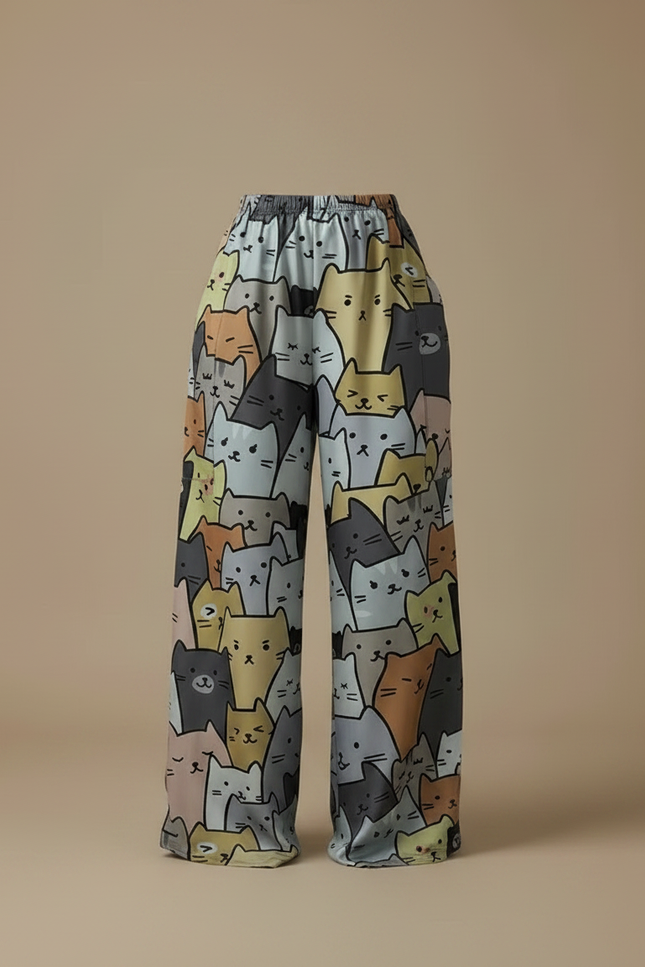 Pantalon Fluide Imprimé Chats Ample Décontracté Coloré - Multicolore Satin - vue 3