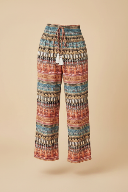 Pantalon Fluide Ethnique Taille Haute Ample Bohème Imprimé - Multicolore Viscose - vue 3