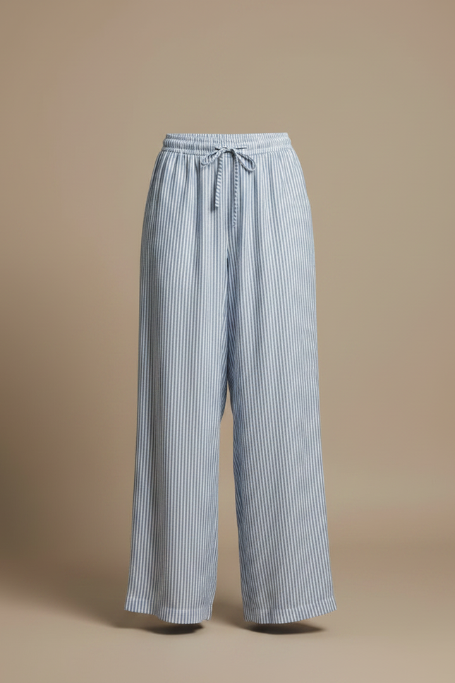 Pantalon Fluide Rayé Bleu Blanc Ample Décontracté - Multicolore Lin - vue 3