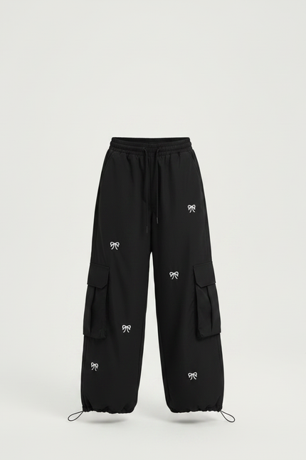 Pantalon Fluide Noir Cargo Ample Nœuds Fille - Polyester - vue 3