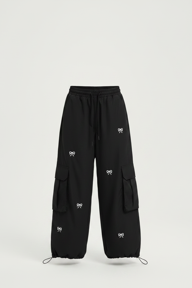 Pantalon Fluide Noir Cargo Ample Nœuds Fille - Polyester - vue 3