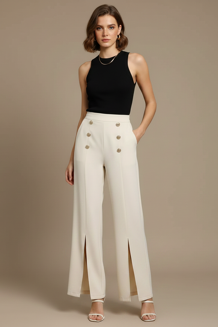 Pantalon Fluide Écru Taille Haute Boutons Dorés Fendu - Beige Polyester - vue 3