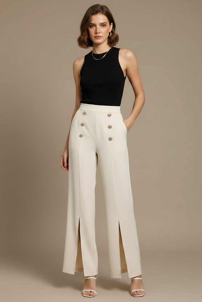 Pantalon Fluide Écru Taille Haute Boutons Dorés Fendu - Beige Polyester - vue 3