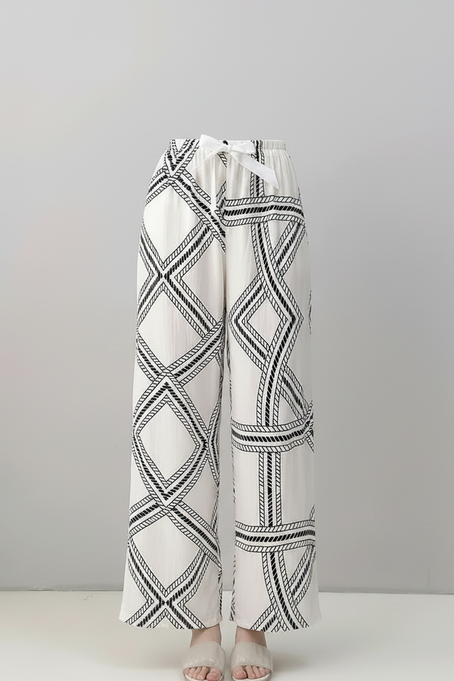 Pantalon Fluide Blanc Imprimé Géométrique Noir Ample - Viscose - vue 3