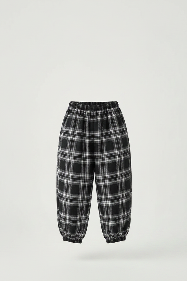 Pantalon Fluide Carreaux Noir Blanc Ample Décontracté Enfant - Imprimé Molleton - vue 3