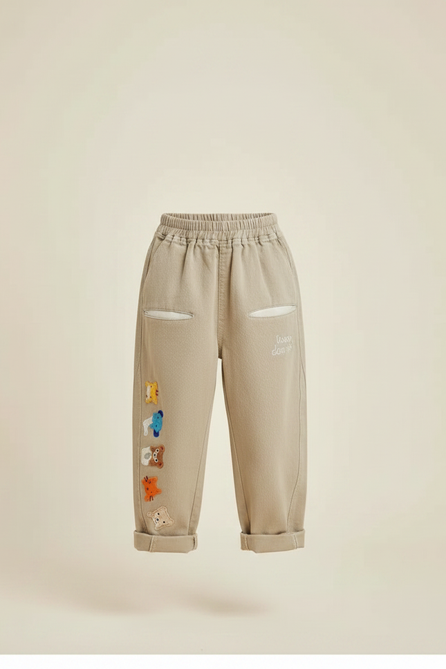 Pantalon Fluide Beige Brodé Animaux Ample Coton Garçon - vue 3
