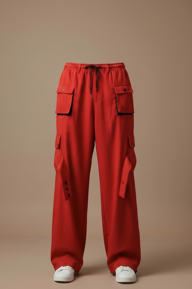 Pantalon Fluide Rouge Cargo Ample Décontracté Homme - Toile - vue 3
