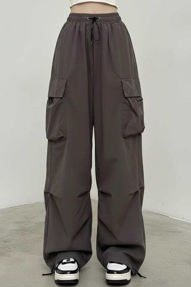 Pantalon Fluide Cargo Gris Ample Décontracté Streetwear - Polyester - vue 3