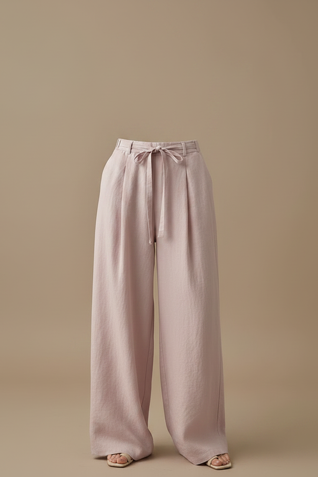 Pantalon Fluide Rose Lin Ample Taille Haute Décontracté - vue 3