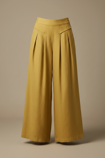 Pantalon Fluide Jaune Moutarde Ample Lin Taille Haute - vue 3