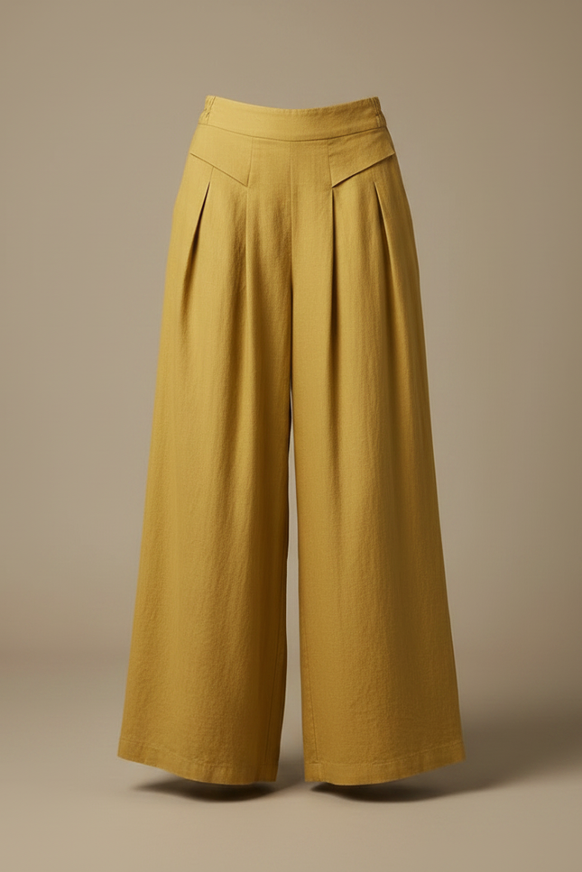 Pantalon Fluide Jaune Moutarde Ample Lin Taille Haute - vue 3
