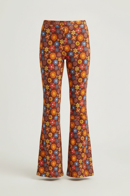 Pantalon Fluide Marron Floral Évasé Confortable Bohème - Maille - vue 3