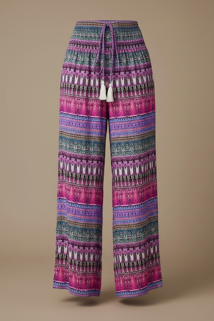 Pantalon Fluide Imprimé Ethnique Ample Rose Cordon - Viscose - vue 3