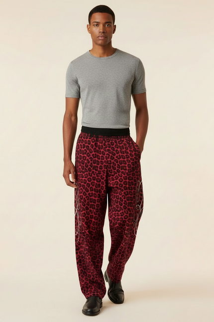 Pantalon Fluide Léopard Rouge Ample Décontracté Homme - Viscose - vue 3