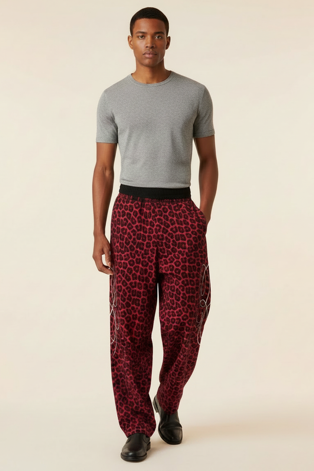 Pantalon Fluide Léopard Rouge Ample Décontracté Homme - Viscose - vue 3