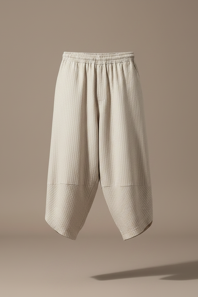 Pantalon Fluide Beige Rayé Ample Coton Lin - vue 3
