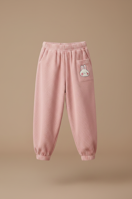 Pantalon Fluide Côtelé Rose Ample Brodé Lapin Fille - Cordé - vue 3