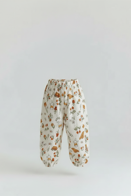 Pantalon Fluide Écru Imprimé Lapins Fleuris Ample Coton - Beige - vue 3