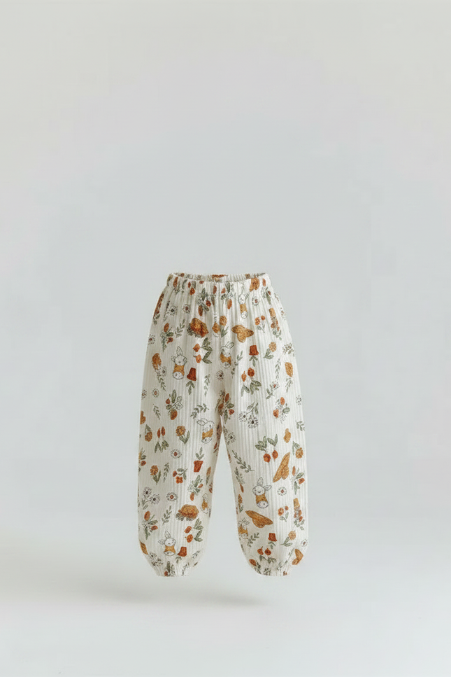 Pantalon Fluide Écru Imprimé Lapins Fleuris Ample Coton - Beige - vue 3
