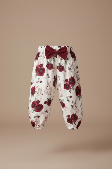 Pantalon Fluide Blanc Imprimé Lapin Fleuri Ample Fille - Viscose - vue 3
