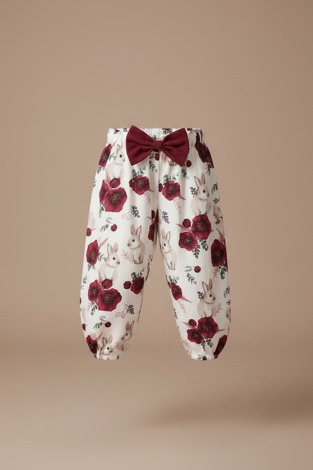 Pantalon Fluide Blanc Imprimé Lapin Fleuri Ample Fille - Viscose - vue 3
