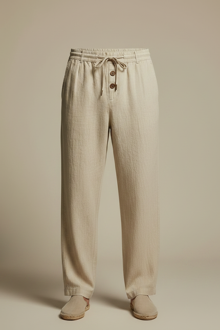 Pantalon Fluide Beige Lin Ample Décontracté Cordon Homme - vue 3