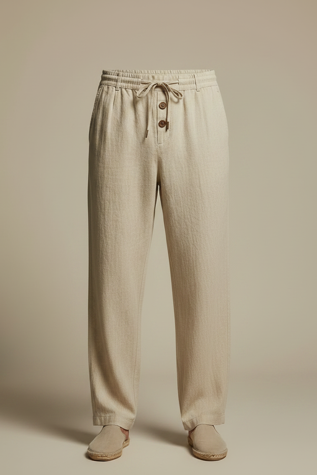 Pantalon Fluide Beige Lin Ample Décontracté Cordon Homme - vue 3