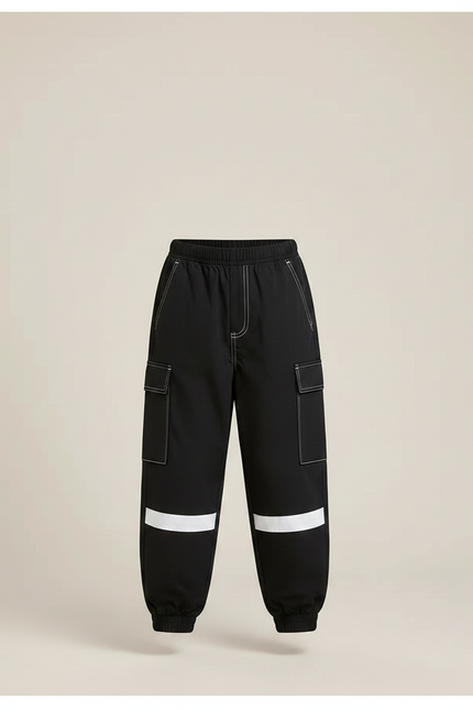 Pantalon Fluide Noir Ample Cargo Bandes Blanches - Polyester - vue 3